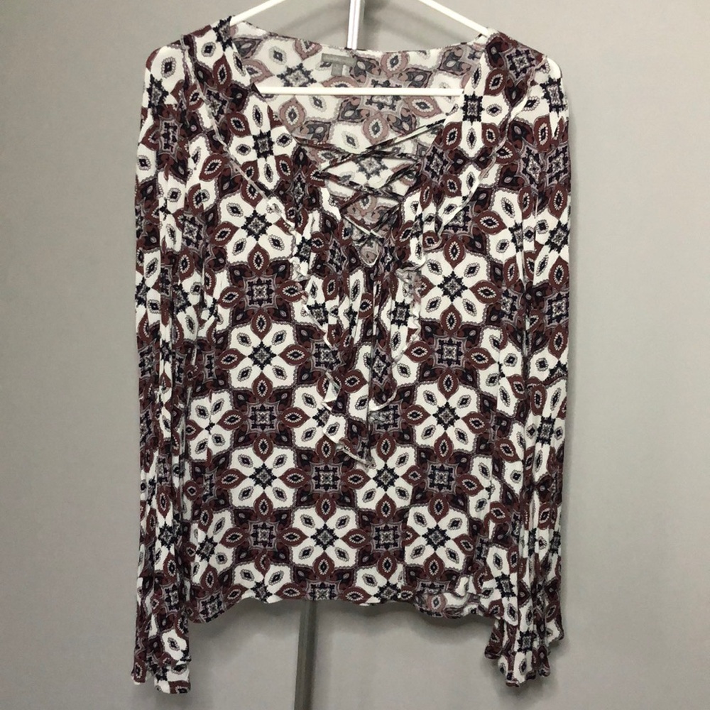 Charlotte Russe Ruffled Blouse with Filigree Pattern and Bell Sleeves Size Large
